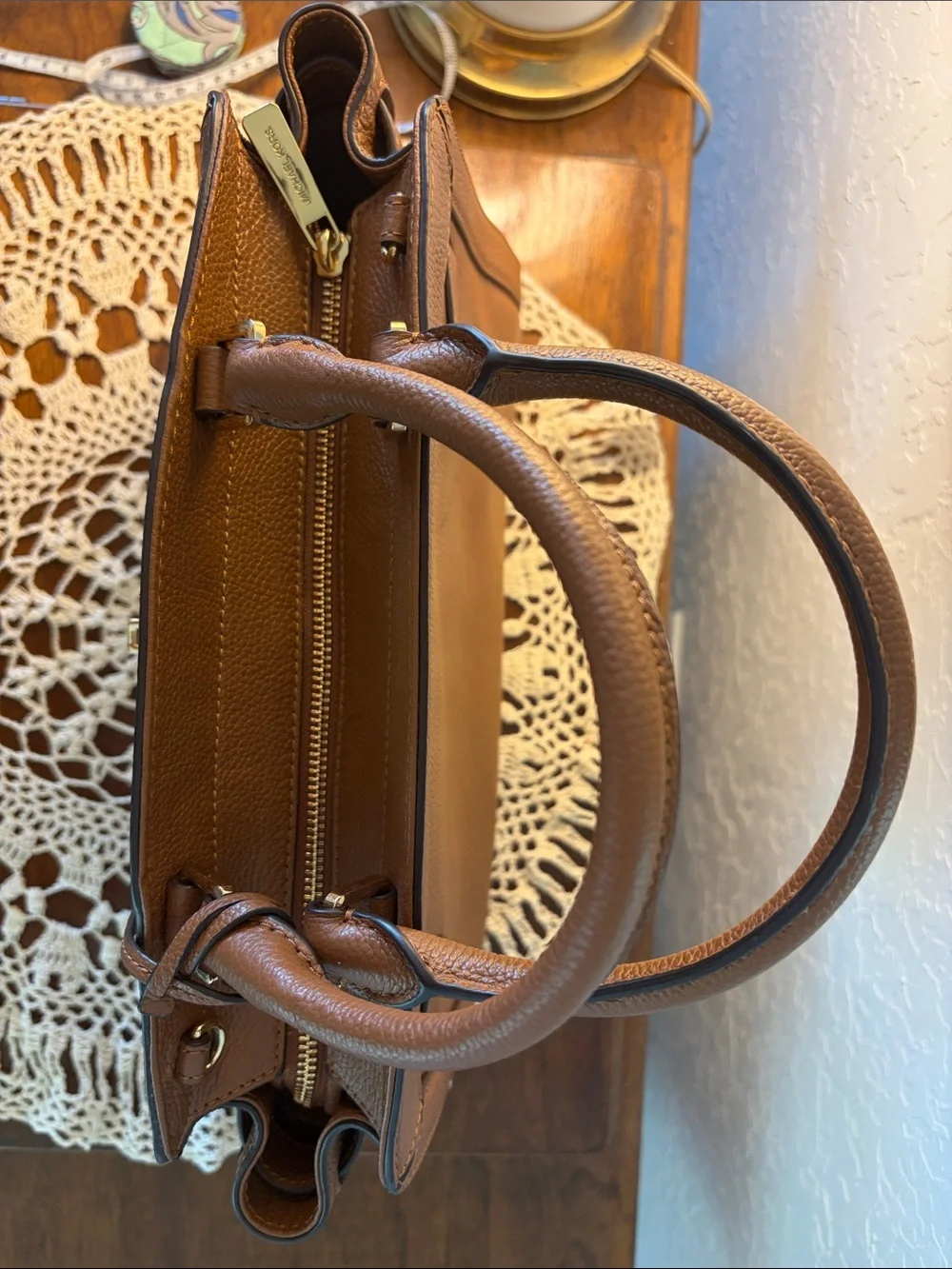 Michael Kors Brown Handbag with Yellow Woven Stripes